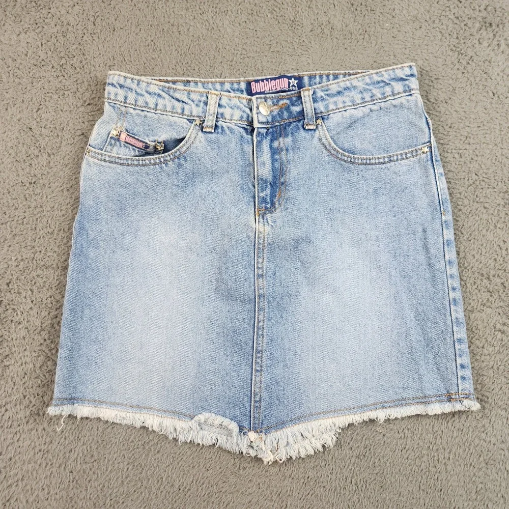Bubblegum Denim Skirt Womens 5/6 Blue Mid Rise Frayed Hem Star Rivet Vintage Y2K